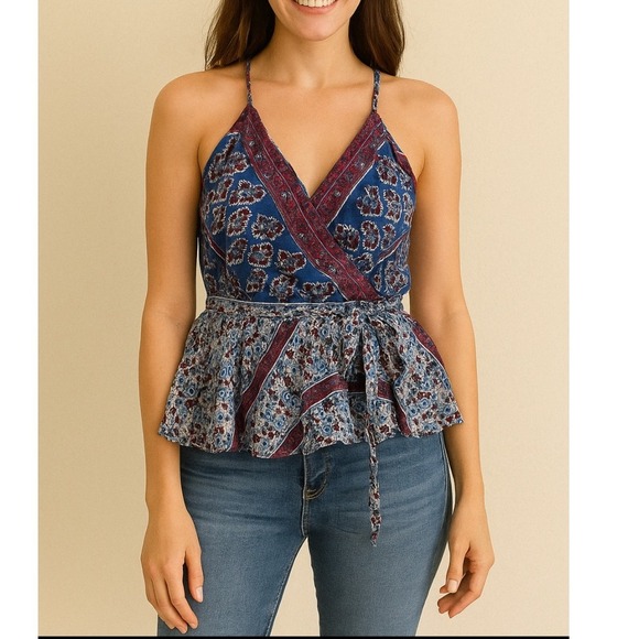 Free People Blue Purple Floral Print Wrap Peplum Tank Top Casual Sleeveless M - Picture 1 of 4